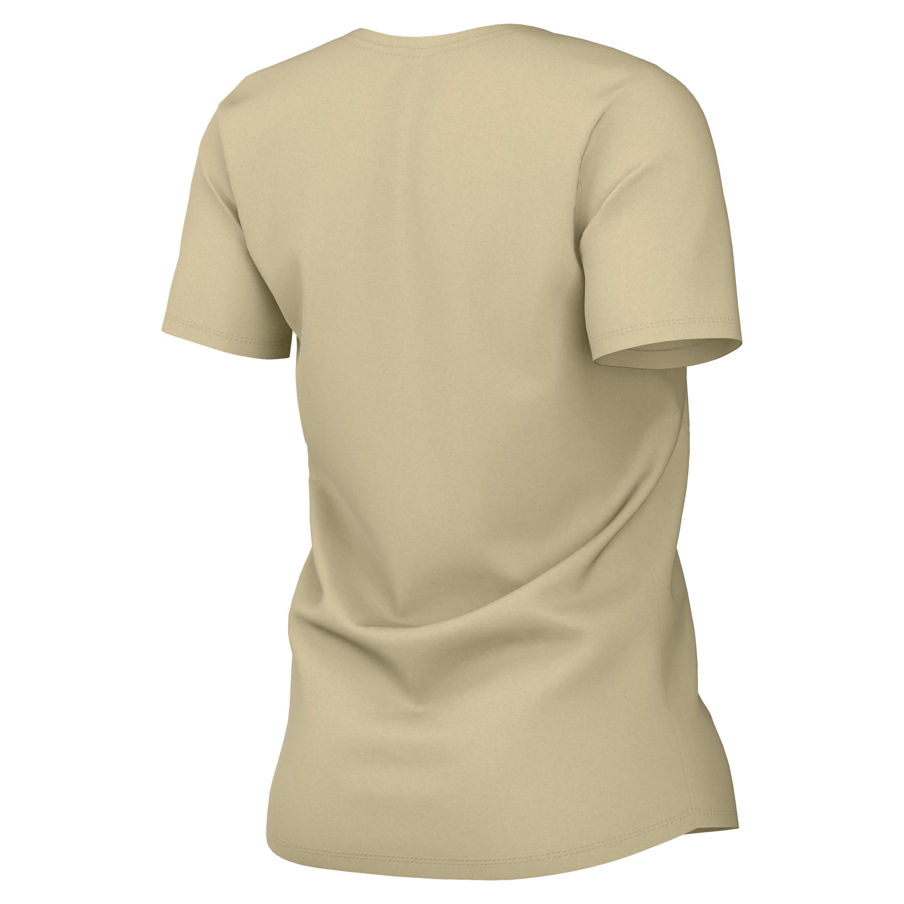 Back view of a plain, tan, short-sleeved crew neck t-shirt against a solid black background.
