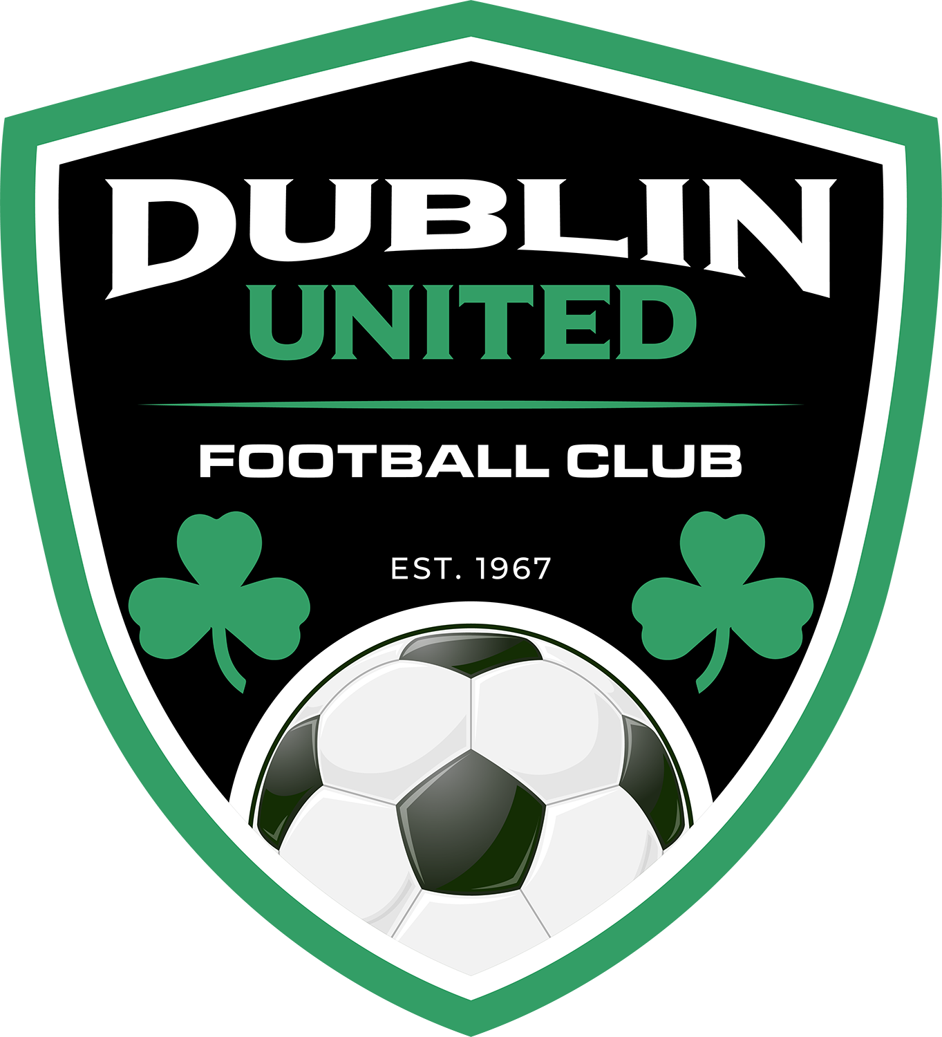 Dublin United Crest: A shield-shaped logo with a green border and black background featuring the club name, established year 1967, two shamrocks, and a soccer ball.