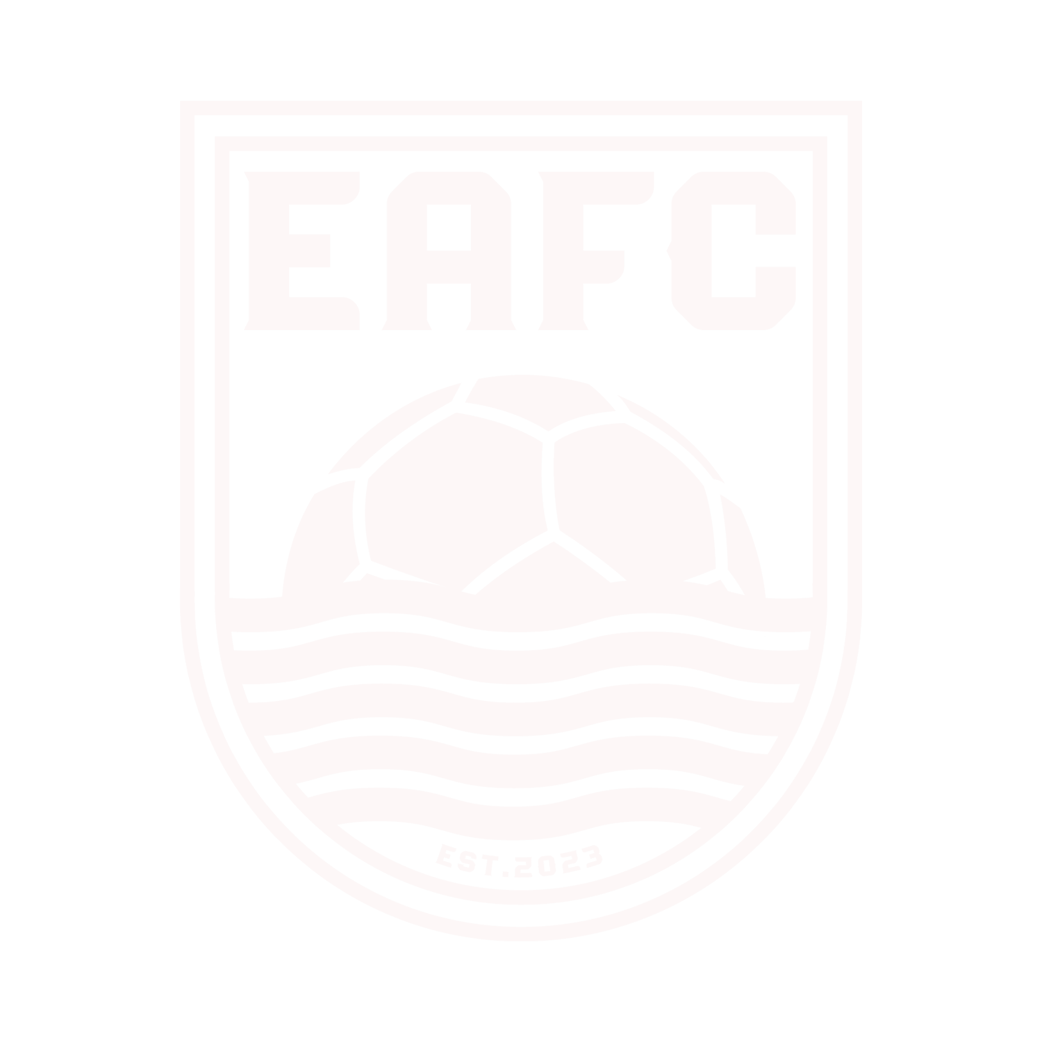A black and white crest for EAFC featuring a soccer ball above wavy water. The shield includes the text "EAFC" at the top and "EST. 2023" at the bottom.