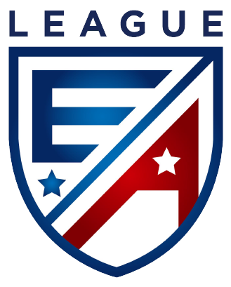 LEAGUE logo featuring a shield divided diagonally. A blue "E" and star are on the top-left; a red "A" and white star are on the bottom-right. The style mimics the MLS logo design.