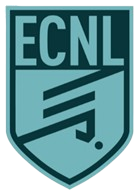 Teal and dark blue shield logo for the ECNL, featuring the league's acronym above a stylized graphic of a soccer player kicking a ball.