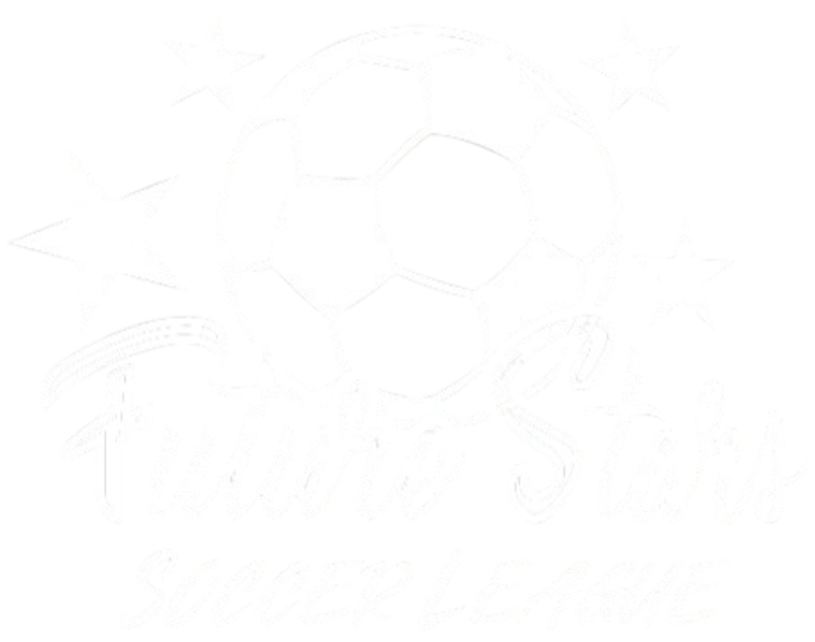 A white logo on a black background featuring a soccer ball surrounded by four stars. Below the soccer ball, the words "Future Stars" are written in a cursive script, with "SOCCER LEAGUE" in a blocky, brush-style font underneath.