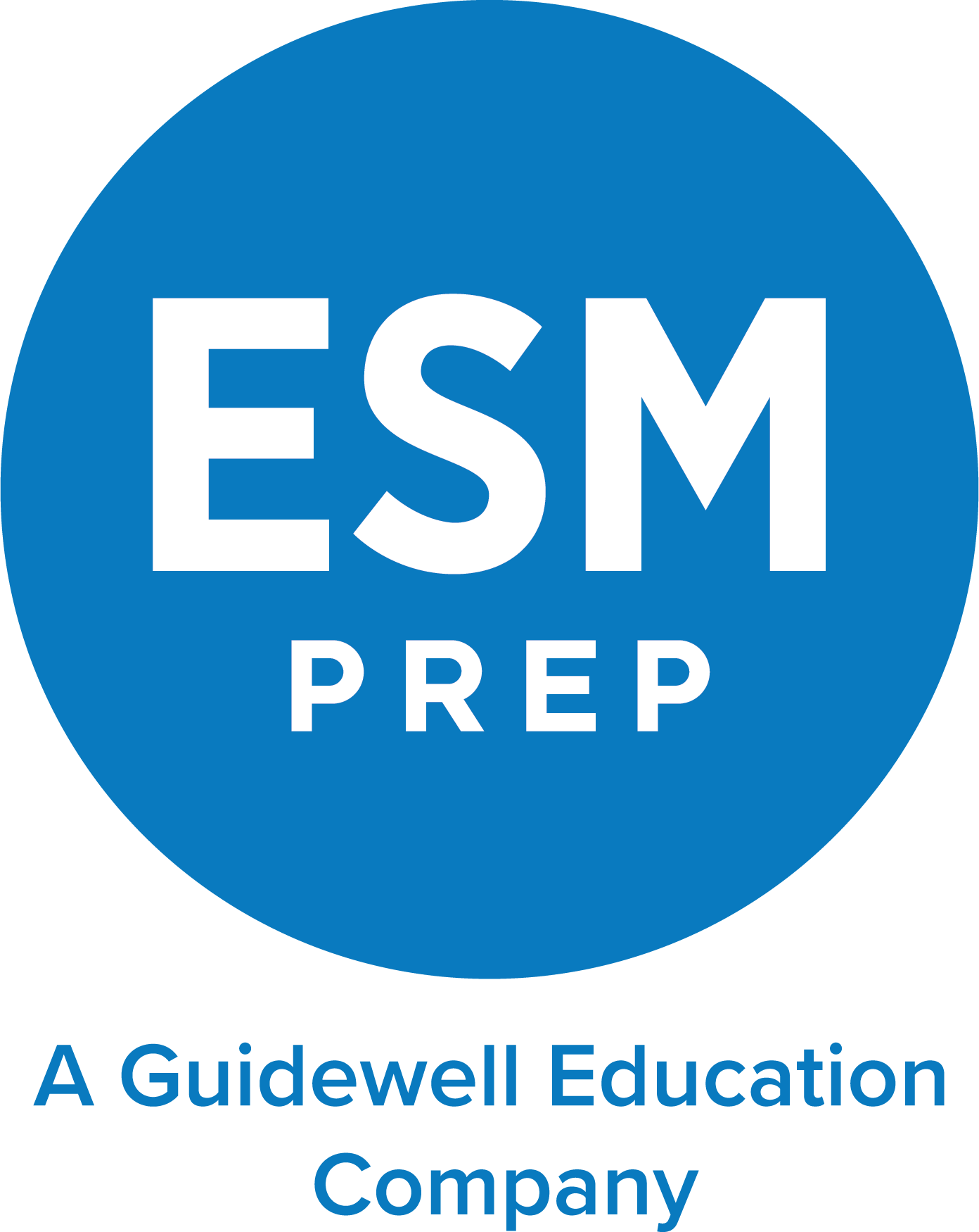 Logo for ESM Prep: a blue circle containing the white text "ESM PREP." Below the circle, the blue text reads "A Guidewell Education Company."