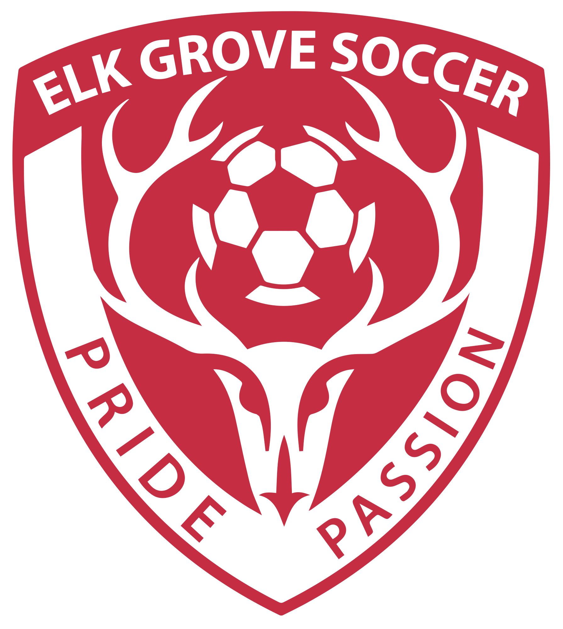 Red and white shield logo for Elk Grove Soccer featuring a stylized elk head, a soccer ball, and the words "Pride" and "Passion."