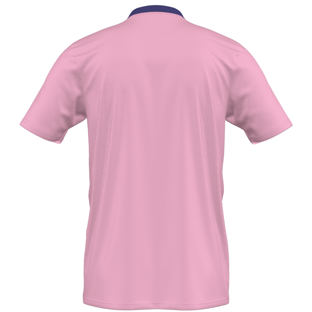 Back view of a light pink short-sleeved shirt with a dark purple collar.