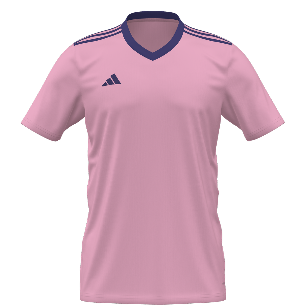 Pink short-sleeved sports jersey with a navy blue V-neck collar, shoulder stripes, and the Adidas logo on the chest.