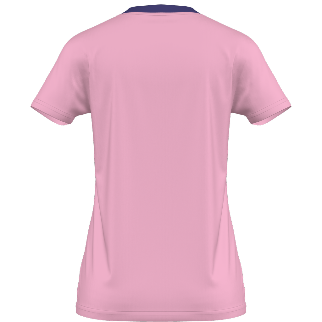 Back view of a pink short-sleeve athletic t-shirt with a navy blue collar detail, shown on a transparent background.