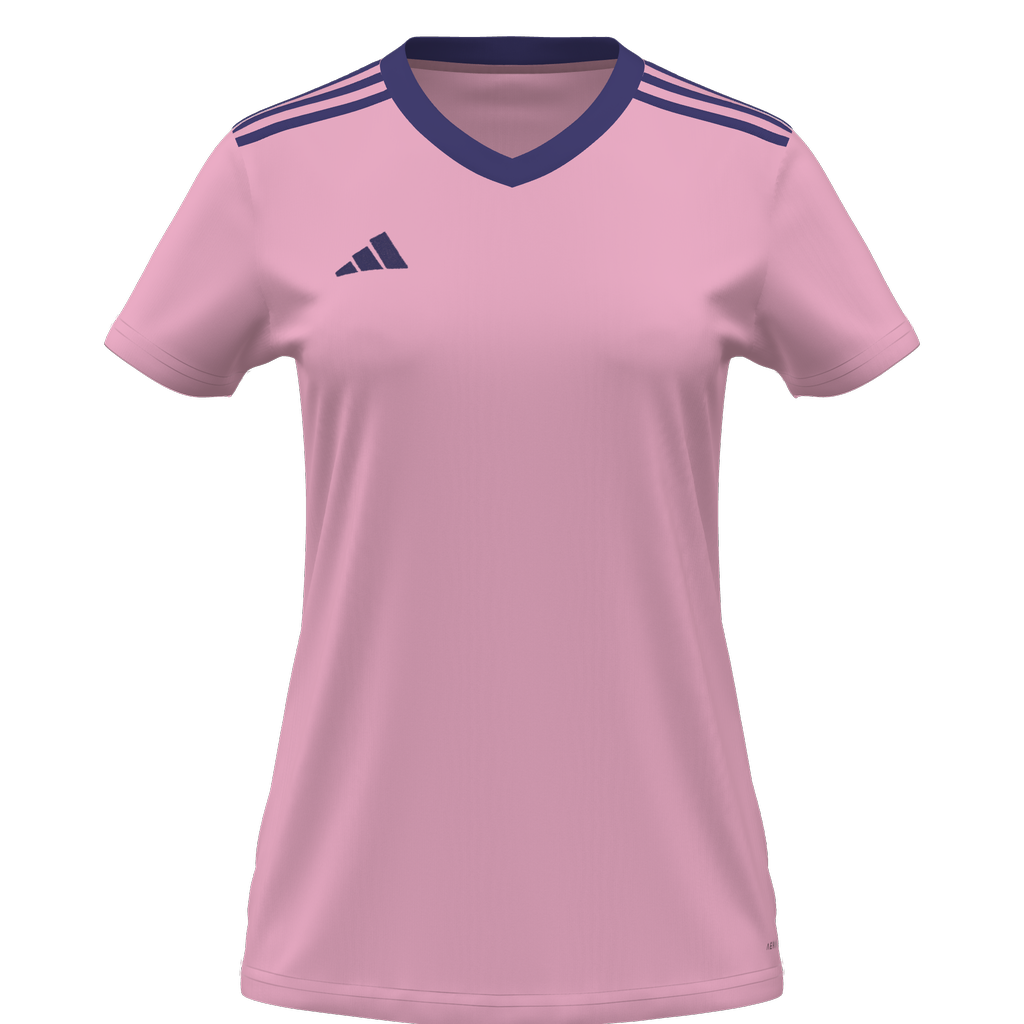 Women's light pink Adidas short-sleeve athletic jersey with dark blue V-neck collar, shoulder stripes, and chest logo.