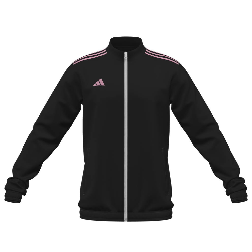 Black Adidas track jacket with three pink stripes on the shoulders, a pink logo on the chest, and a white front zipper.