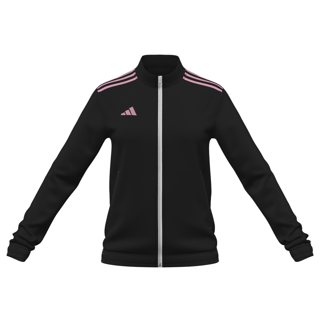 Black Adidas track jacket featuring three pink stripes on each shoulder, a pink logo on the left chest, and a full-length white zipper.