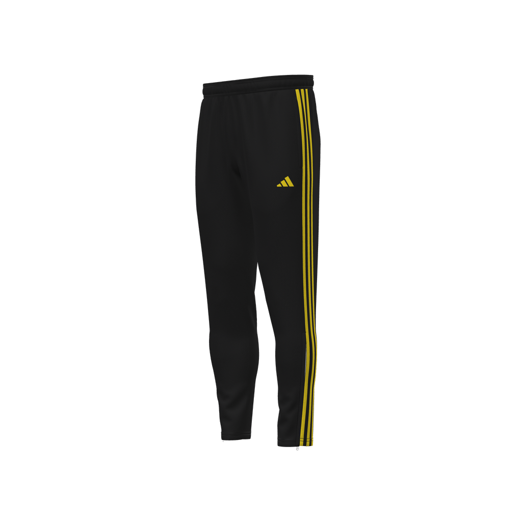 Black Adidas track pants featuring three yellow stripes on the side and a yellow logo on the upper thigh.
