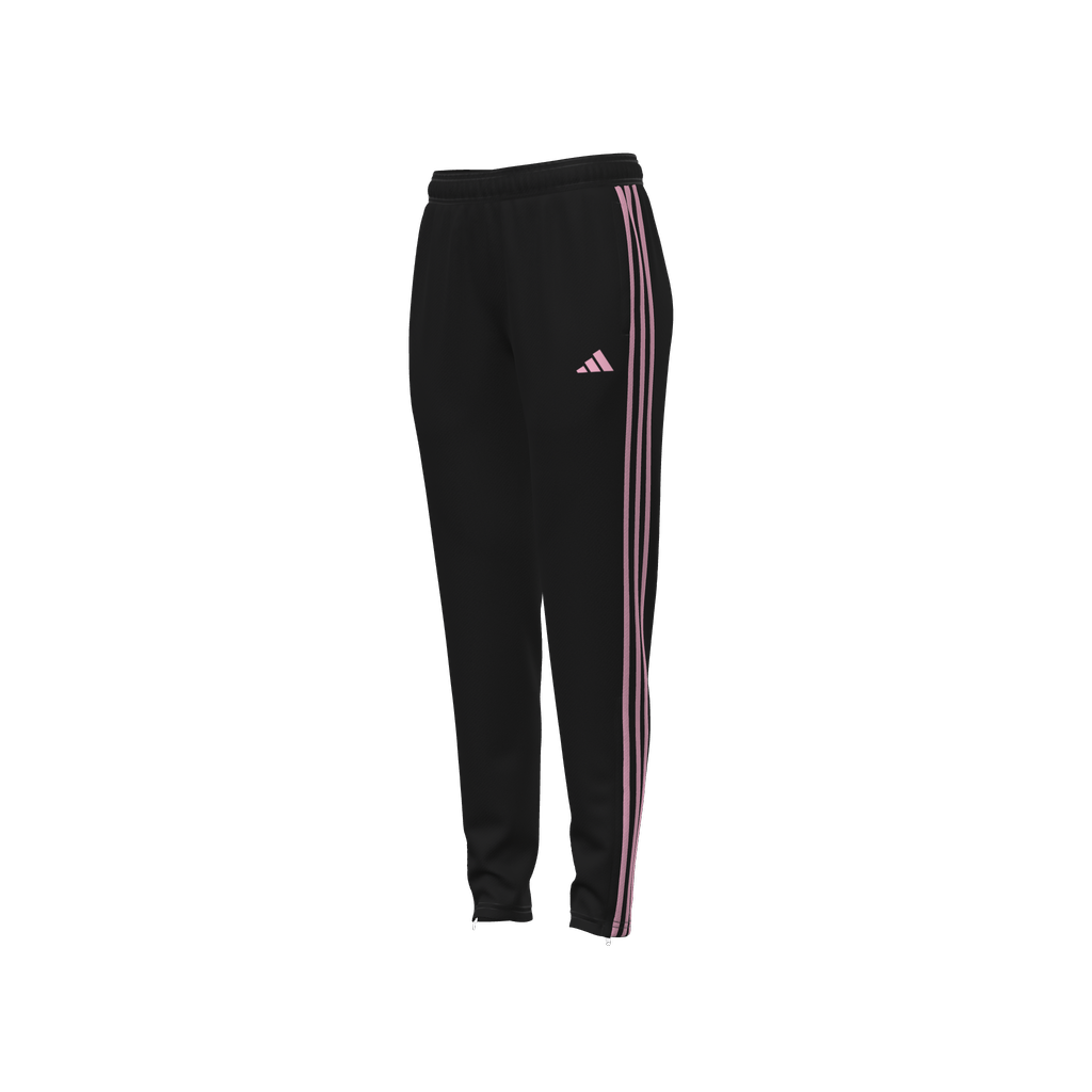 Black Adidas track pants with three pink vertical stripes along the legs and a pink Adidas logo on the left thigh.