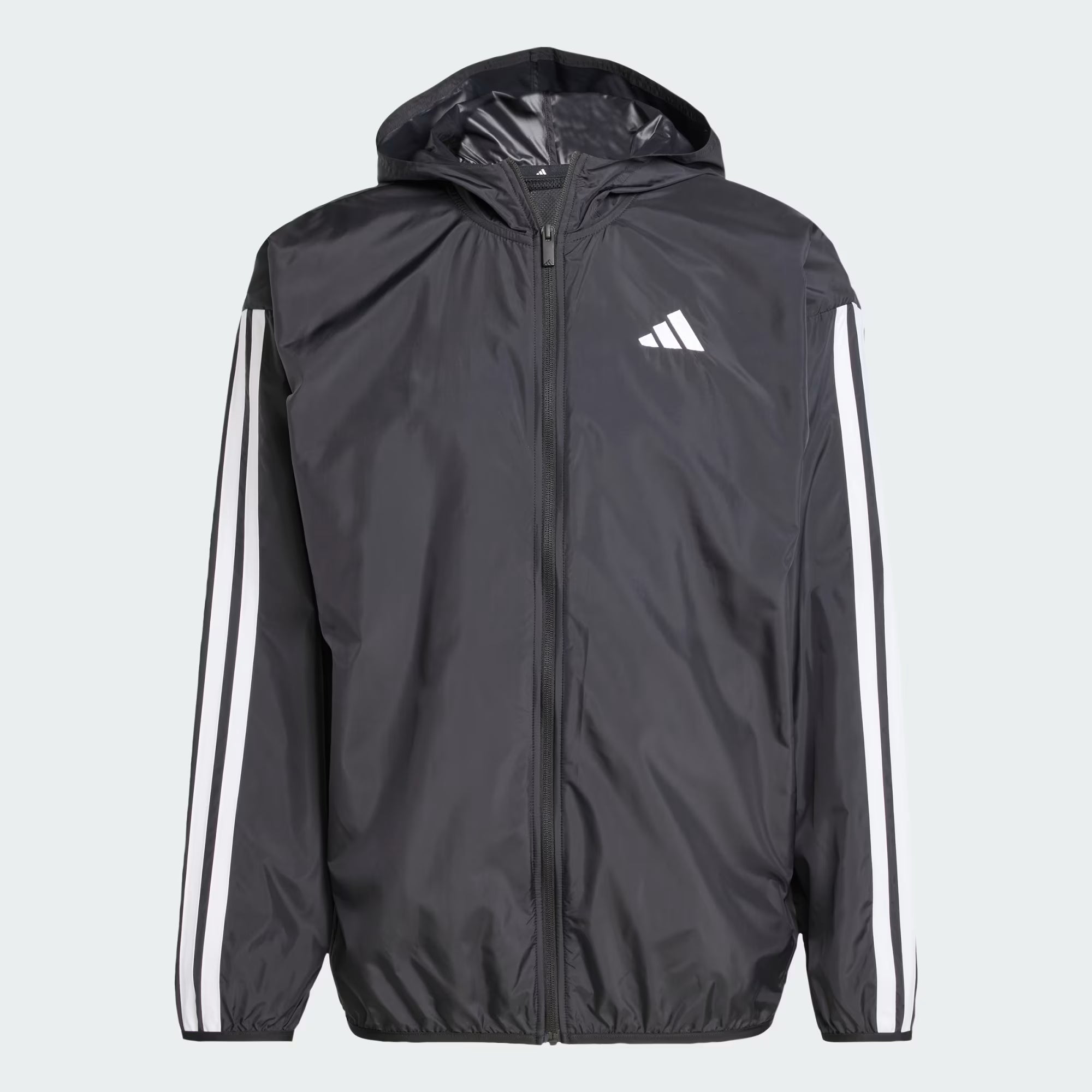 A black Adidas hooded windbreaker jacket featuring three white stripes on the sleeves and a white logo on the chest.