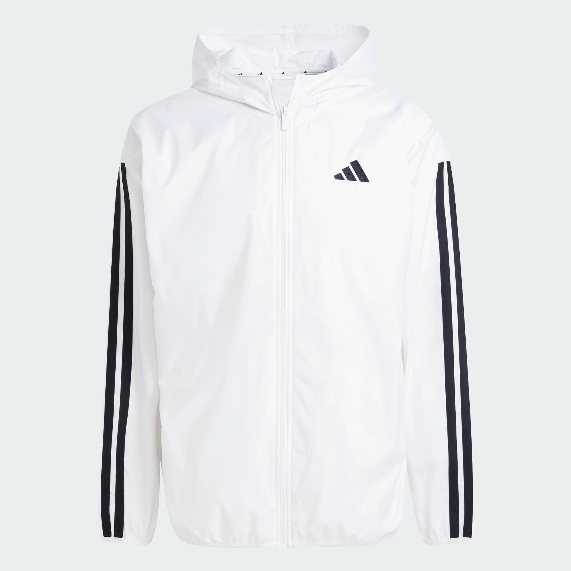 White hooded Adidas windbreaker jacket with a black logo on the chest and three black stripes on each sleeve.