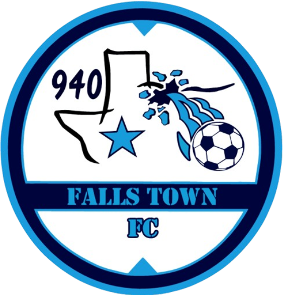 A circular logo for Falls Town FC featuring a black outline of the state of Texas. The number "940" and a blue star are inside the outline. A soccer ball bursts out of the right side of the state outline, accompanied by blue splashes. The words "FALLS TOWN FC" are at the bottom, and the entire logo is framed by dark and light blue circular borders.