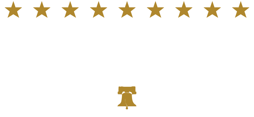 A row of nine gold stars across the top and a gold Liberty Bell icon centered at the bottom, all set against a white background.