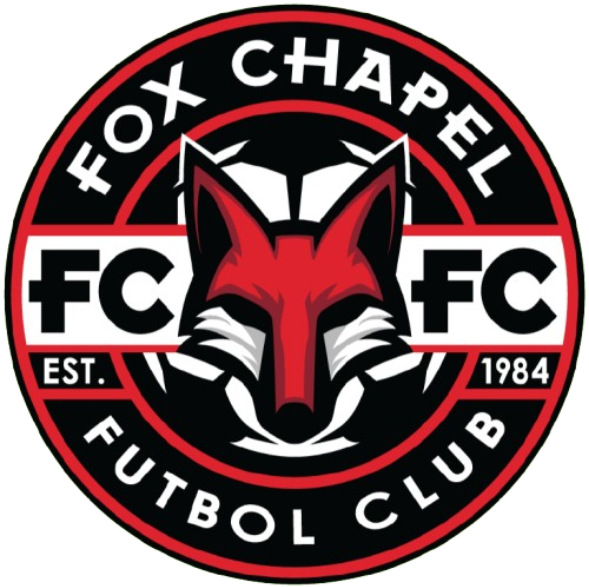 Circular red, black, and white logo for Fox Chapel Futbol Club featuring a stylized fox head over a soccer ball, with the text "FOX CHAPEL FUTBOL CLUB" and "EST. 1984" around the border.