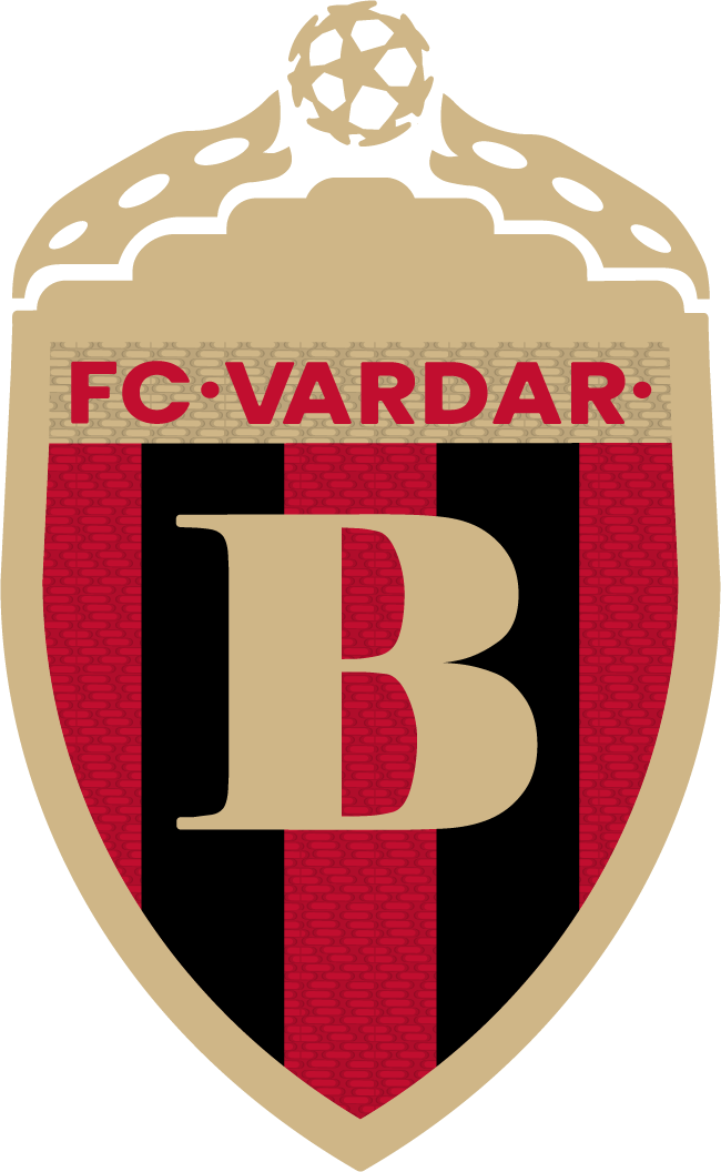 A shield-shaped logo for FC Vardar featuring red and black vertical stripes and a large gold letter "B" in the center. At the top, the words "FC VARDAR" appear in red on a gold banner, surmounted by a gold crown and a star-patterned soccer ball.