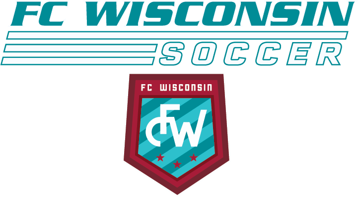 FC Wisconsin Soccer logo with teal text above a maroon and teal shield crest featuring three red stars and a white stylized monogram.