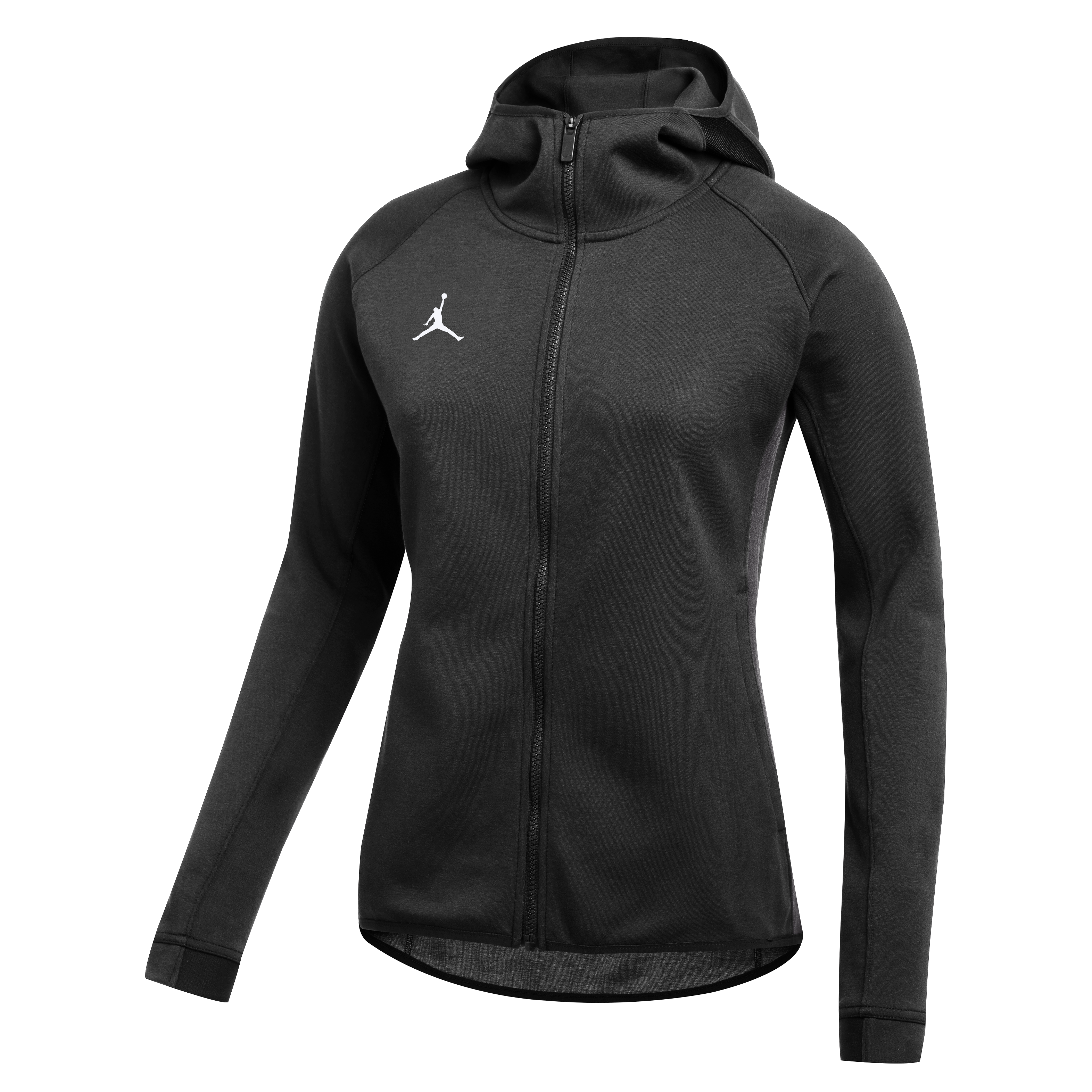 A black, zip-up athletic hoodie featuring a white Jordan Jumpman logo on the chest.
