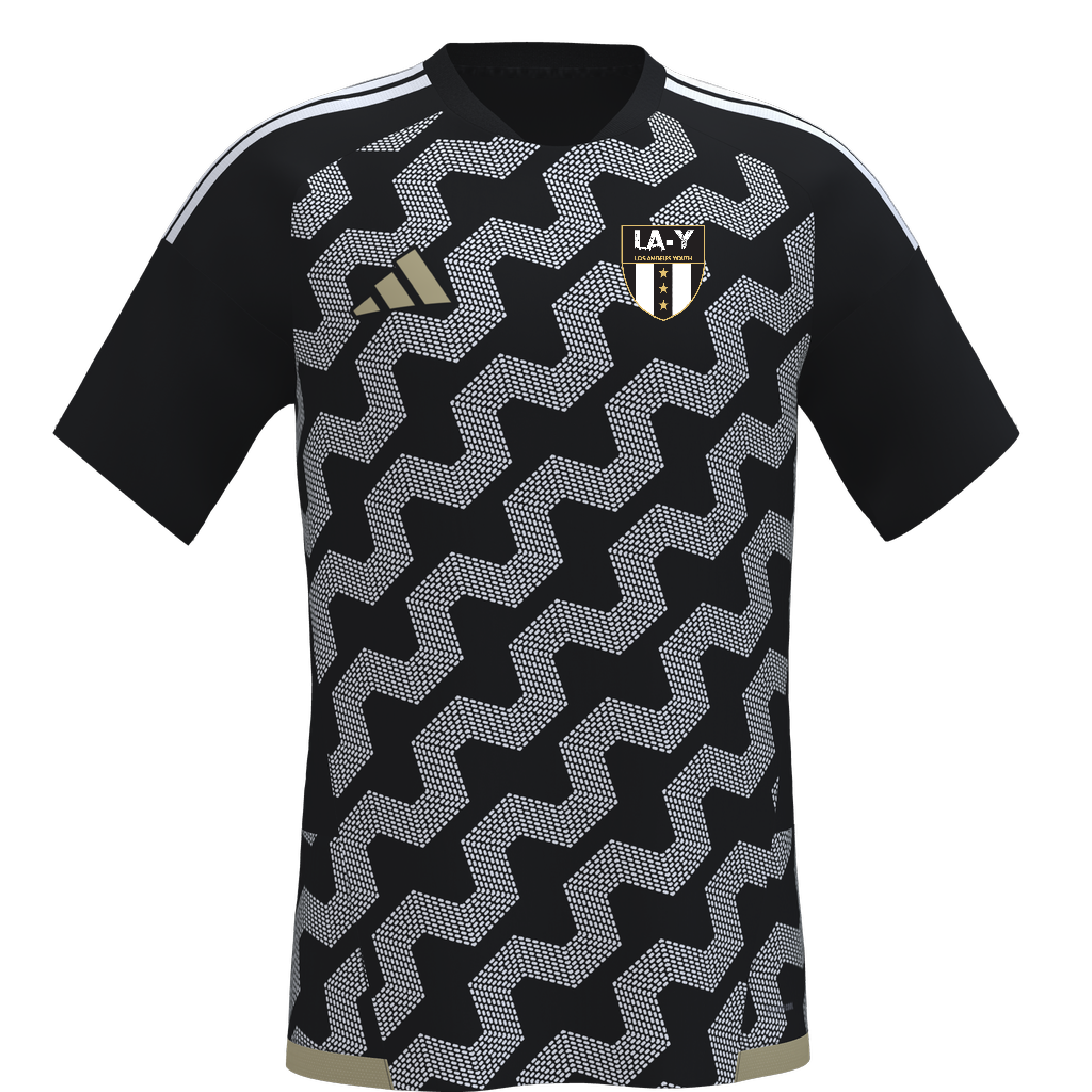 A black Adidas soccer jersey for Los Angeles Youth, featuring a white zig-zag dot pattern and gold accents on the brand logo and team crest.