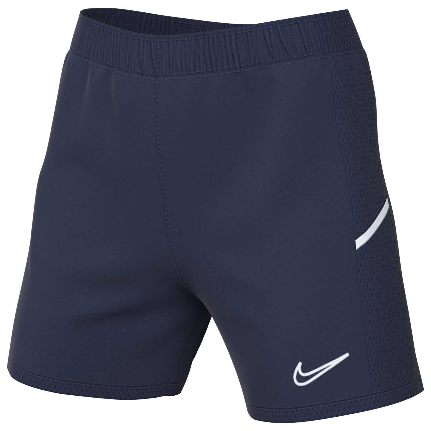 Navy blue Nike sports shorts featuring a white swoosh logo, an elastic waistband, and mesh side panels with a white stripe.