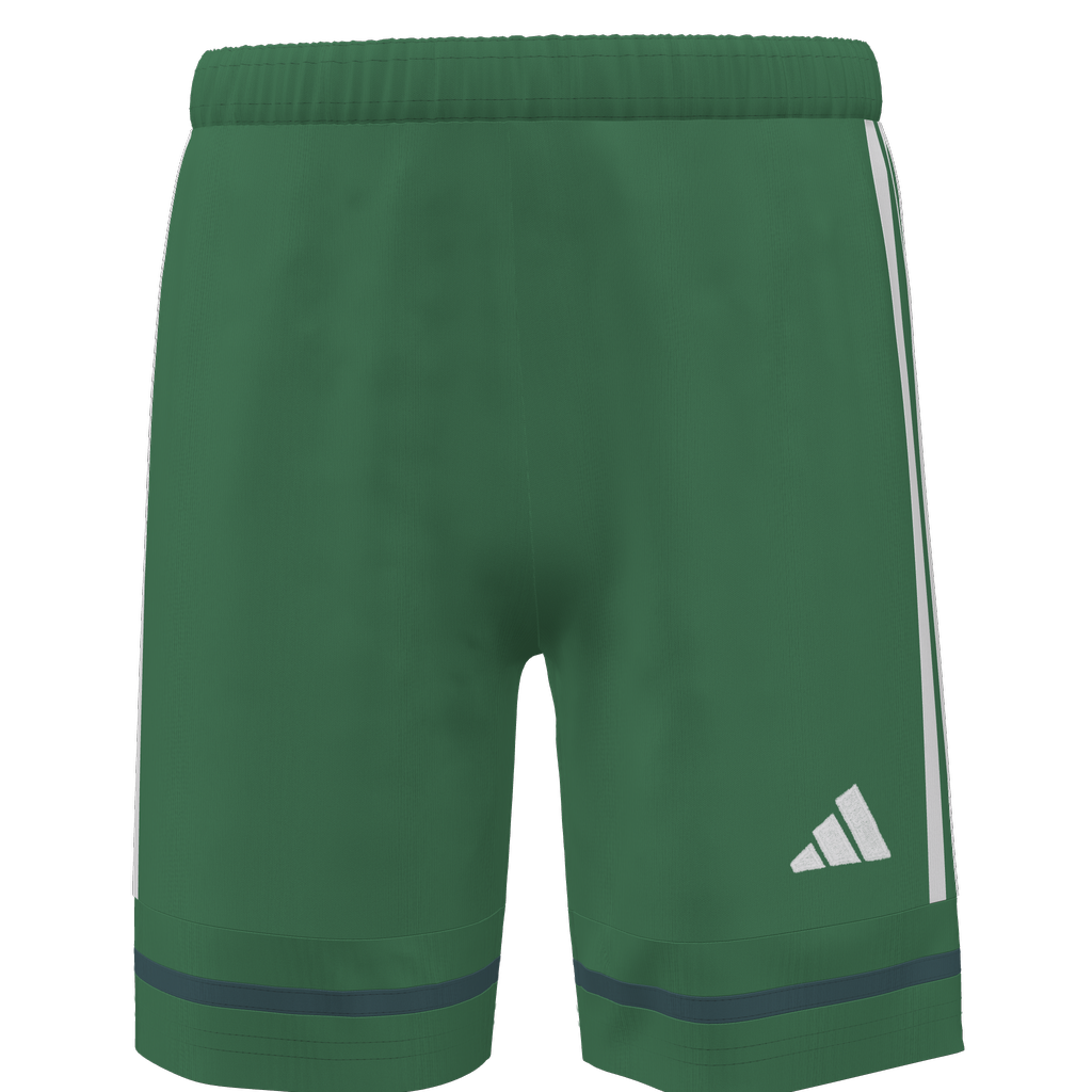 Green Adidas athletic shorts with white side stripes, a white logo on the leg, and dark horizontal bands near the bottom hem.