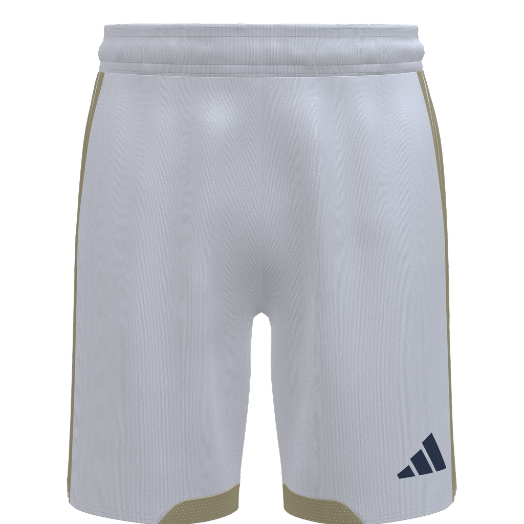 Light grey Adidas athletic shorts featuring gold side stripes, curved gold hem panels, and a navy blue logo on the lower right leg.