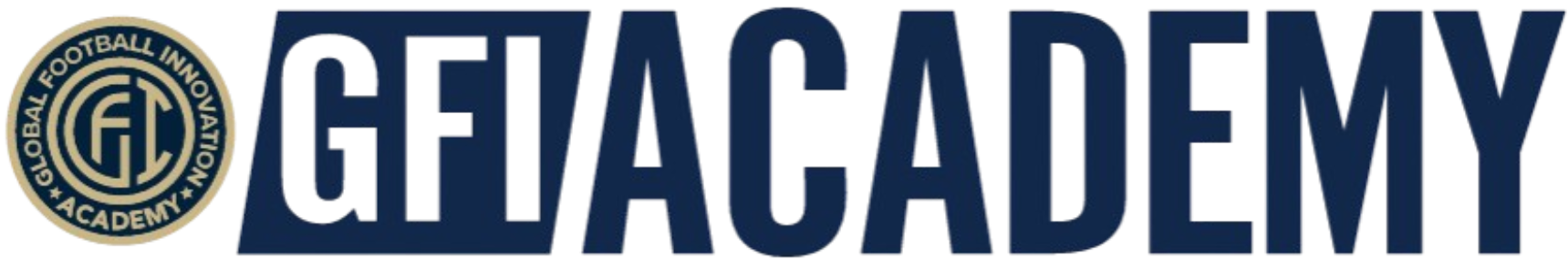 Logo for the Global Football Innovation Academy. On the left is a circular emblem with the full name in a gold ring around a central "GFI" monogram. To the right, the words "GFI ACADEMY" are displayed in large, bold letters, with "GFI" set against a dark blue slanted box.