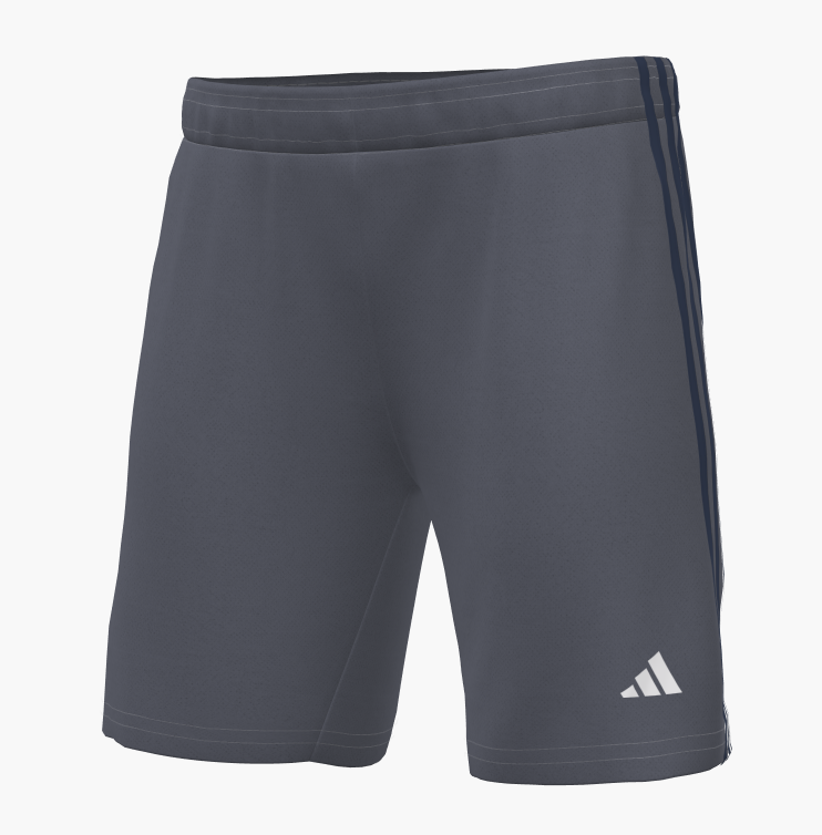 A pair of dark grey Adidas athletic shorts featuring three navy blue side stripes and a white logo on the lower left leg.