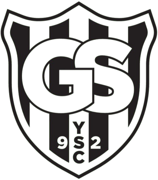 A monochrome, shield-shaped logo featuring vertical stripes and large, bold, interlocking letters "G" and "S" in the center. At the bottom of the shield, the numbers "9" and "2" flank the vertically stacked letters "YSC."