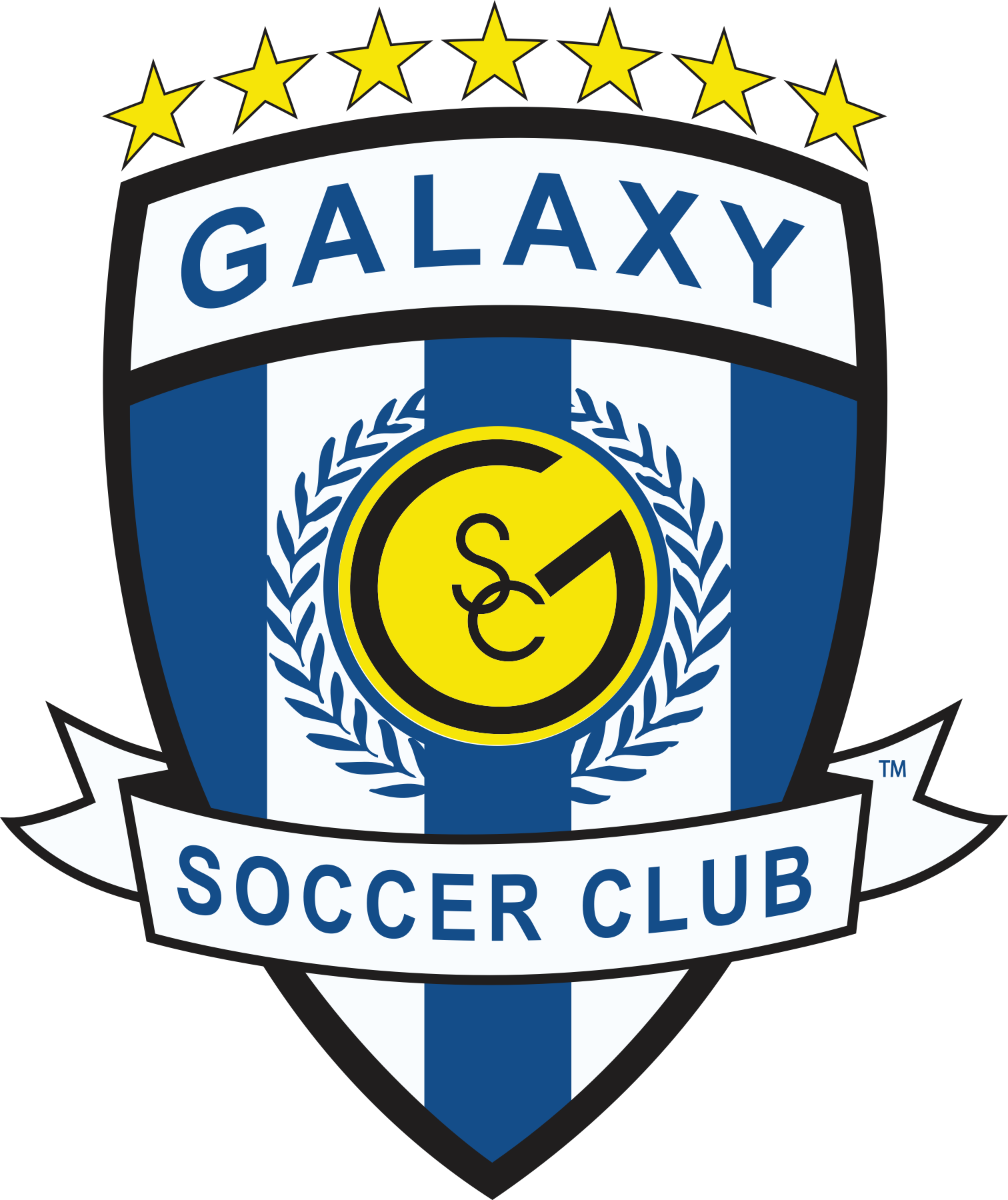 Shield-shaped logo for Galaxy Soccer Club with blue and white stripes, seven yellow stars at the top, and a central yellow emblem with a stylized 'G' and 'SC' monogram.