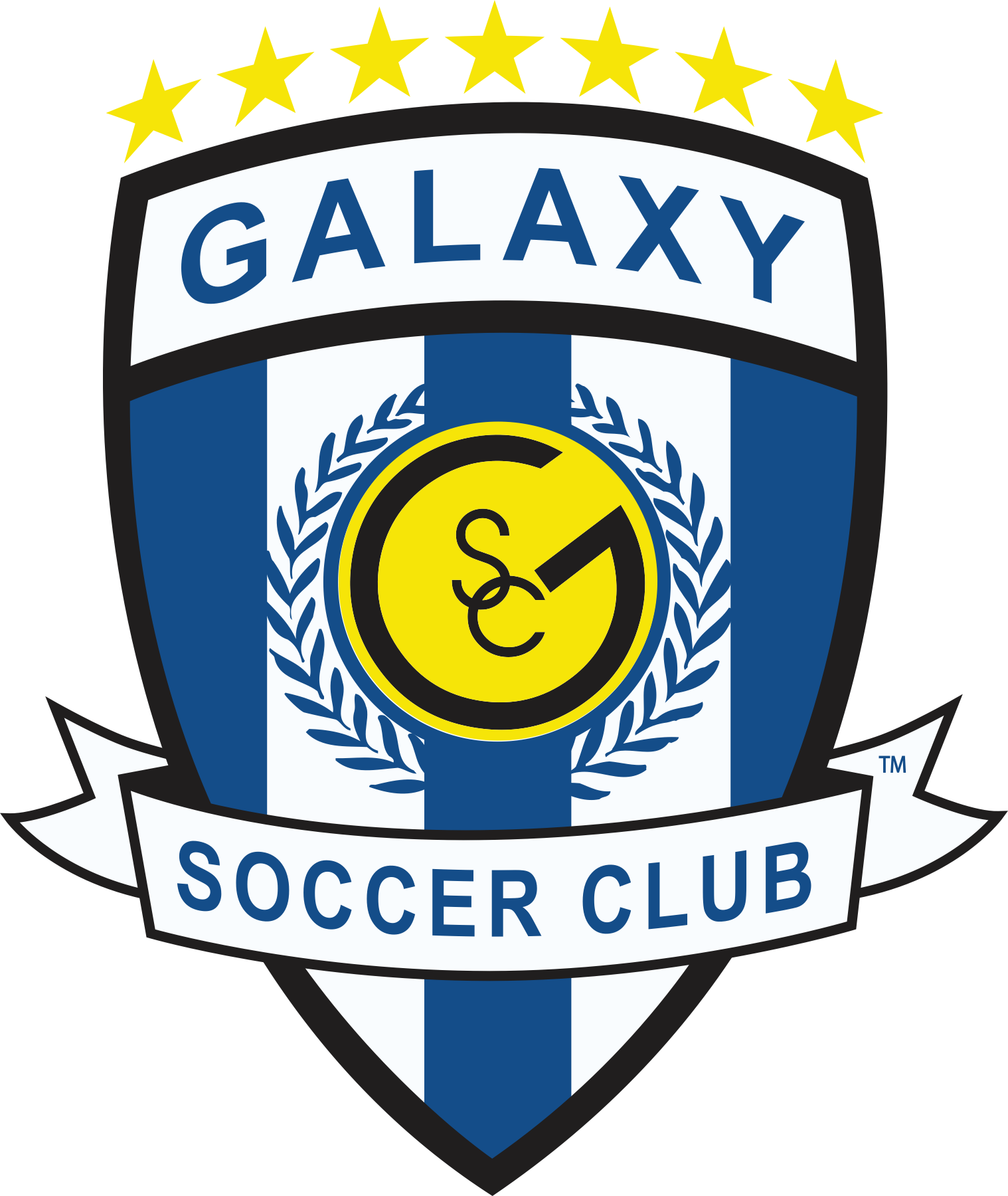 Shield-shaped logo for Galaxy Soccer Club with blue and white stripes, seven yellow stars at the top, and a central yellow circle with stylized "SC" letters.