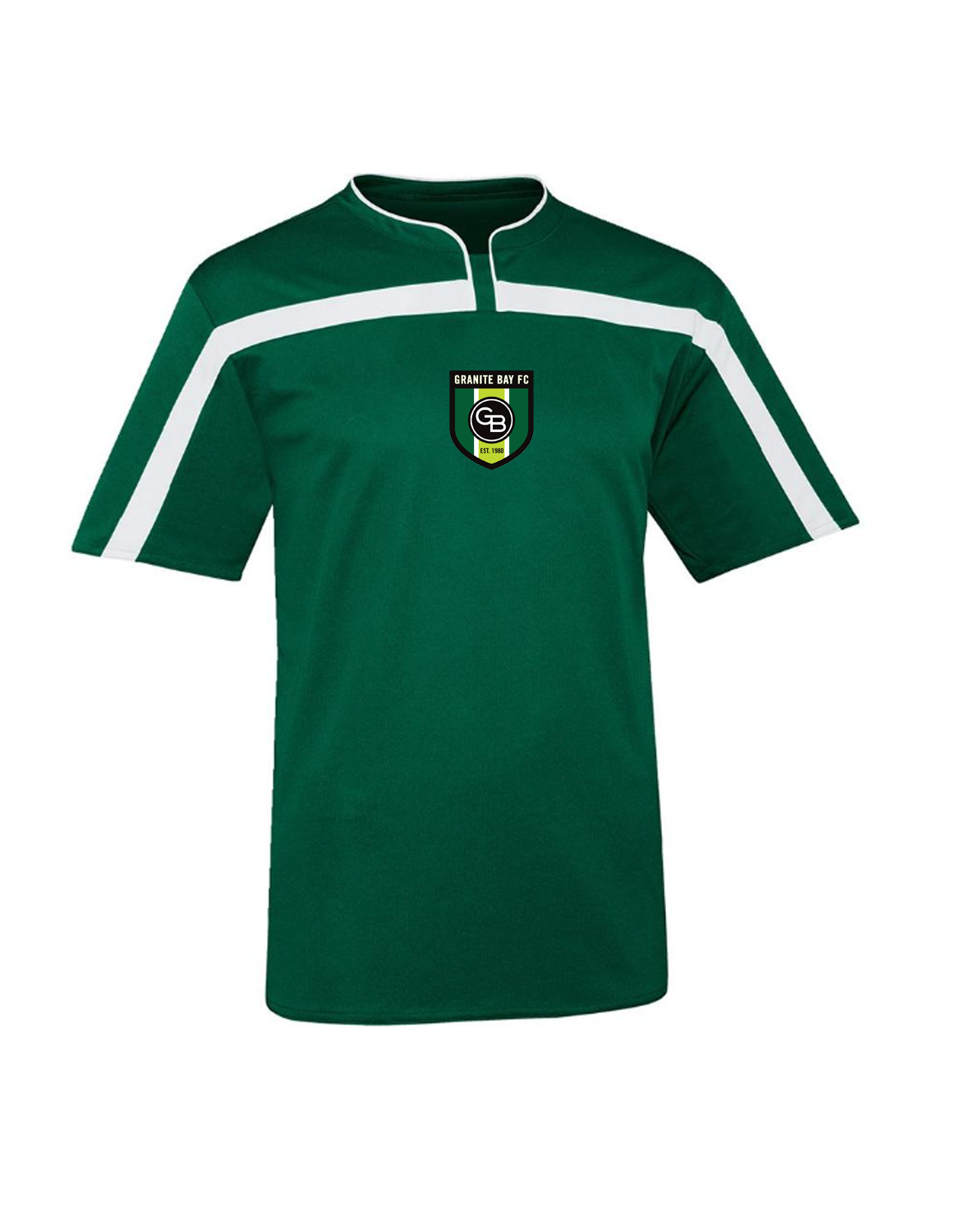 Forest green short-sleeve soccer jersey with white stripes across the chest and shoulders, featuring a Granite Bay FC club crest.