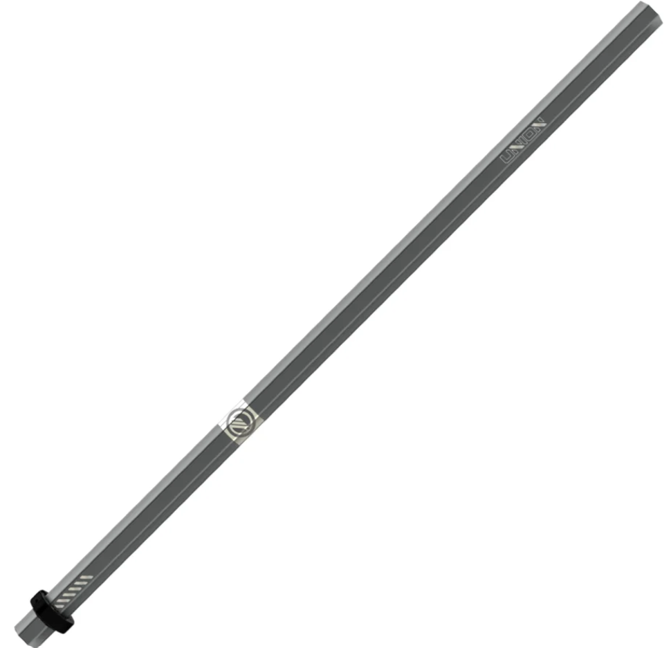 A grey hexagonal lacrosse shaft with UNION branding, a circular logo, white diagonal stripes, and a black ring at the bottom.