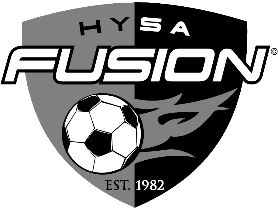 HYSA Fusion soccer logo featuring a shield split into gray and black halves, a soccer ball with a flame tail, and the text "FUSION" and "EST. 1982".