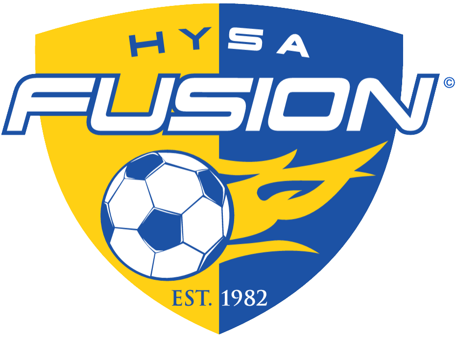 HYSA Fusion soccer logo with a yellow and blue shield, featuring a flaming soccer ball and the text "HYSA FUSION EST. 1982".