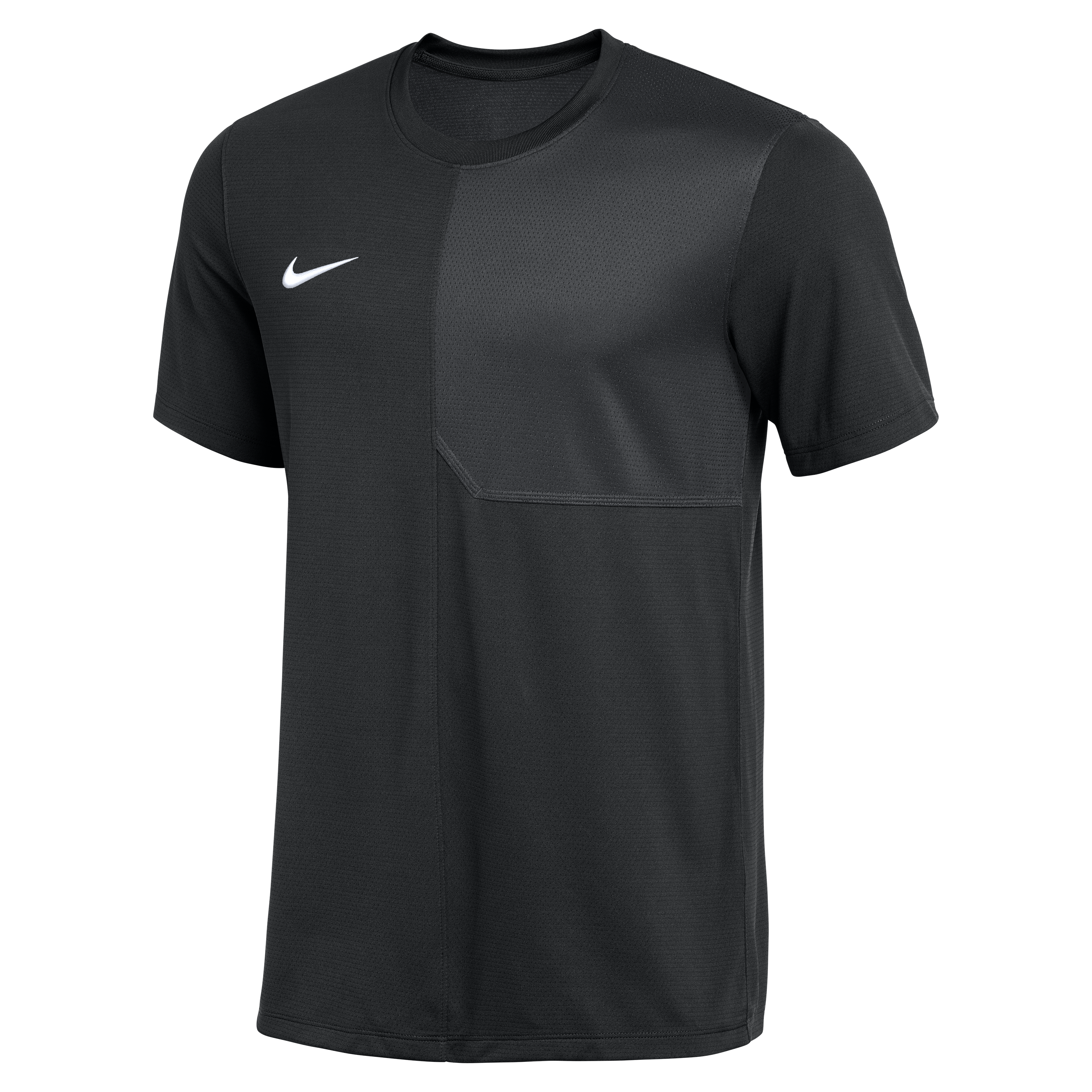A black short-sleeved Nike performance shirt featuring a white swoosh on the right chest and a textured tonal panel on the left. Made from breathable mesh with a crew neckline.