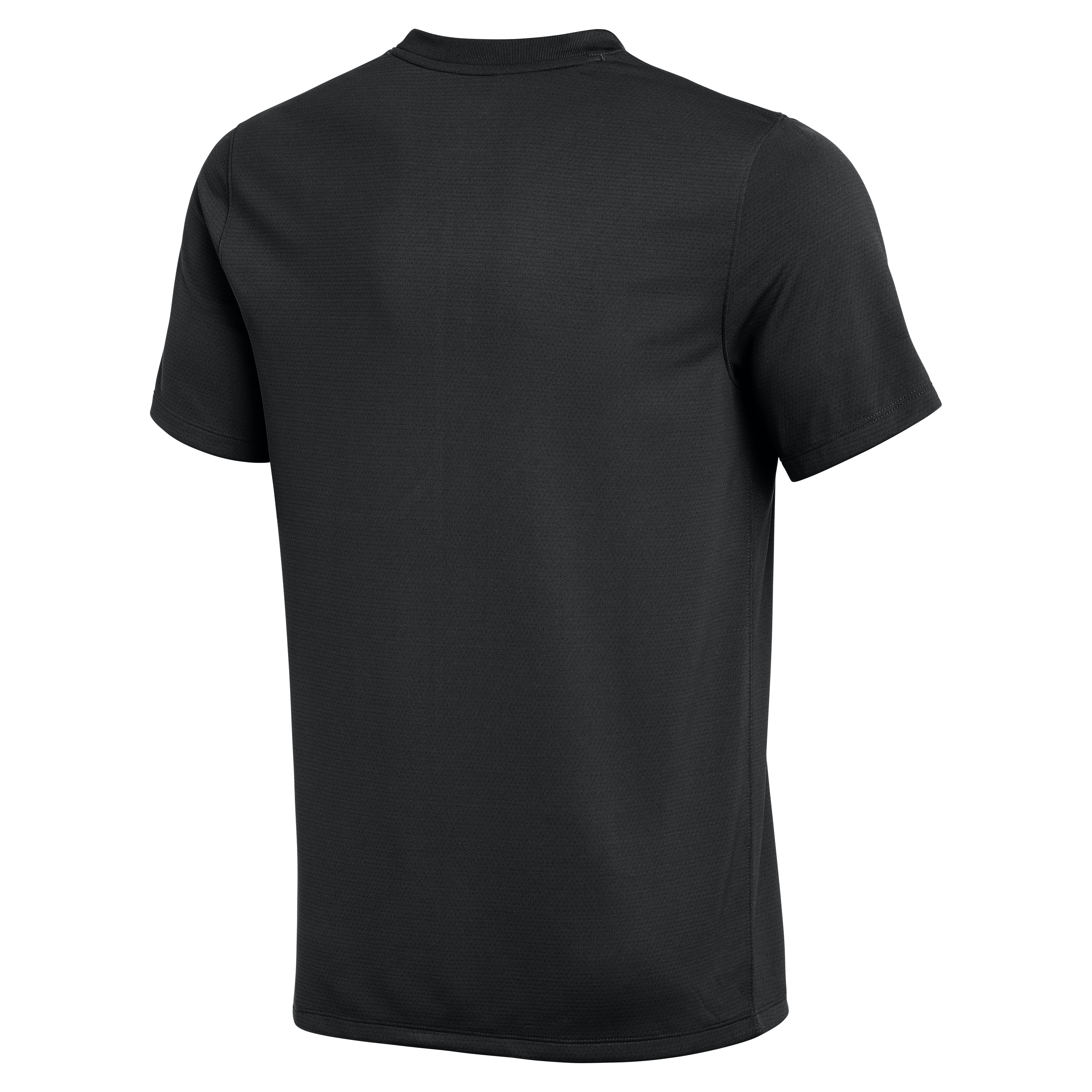 Back view of a plain black short-sleeved t-shirt featuring a ribbed crew neck and a subtle textured fabric.