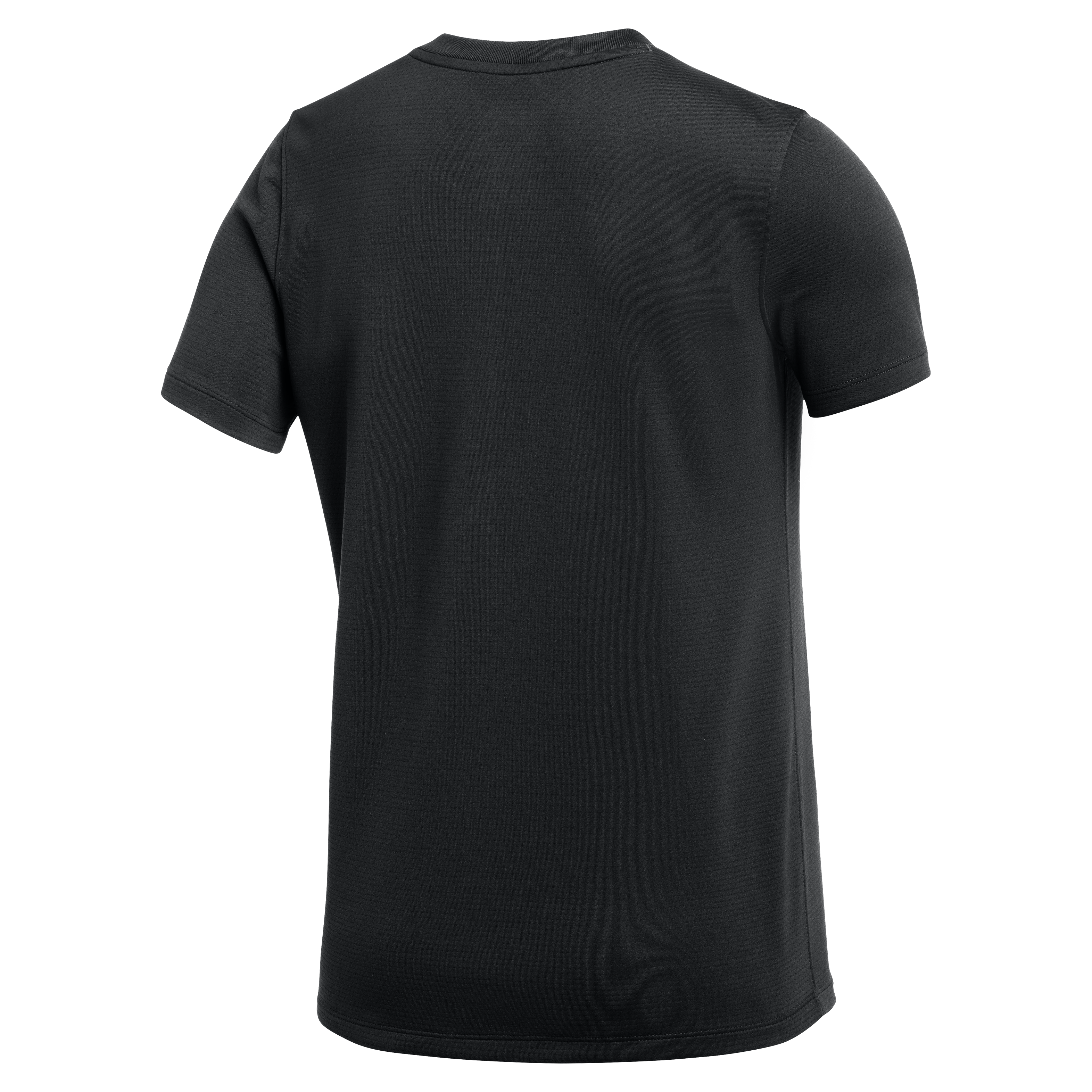Rear view of a solid black, short-sleeved athletic t-shirt with textured fabric and a crew neck.
