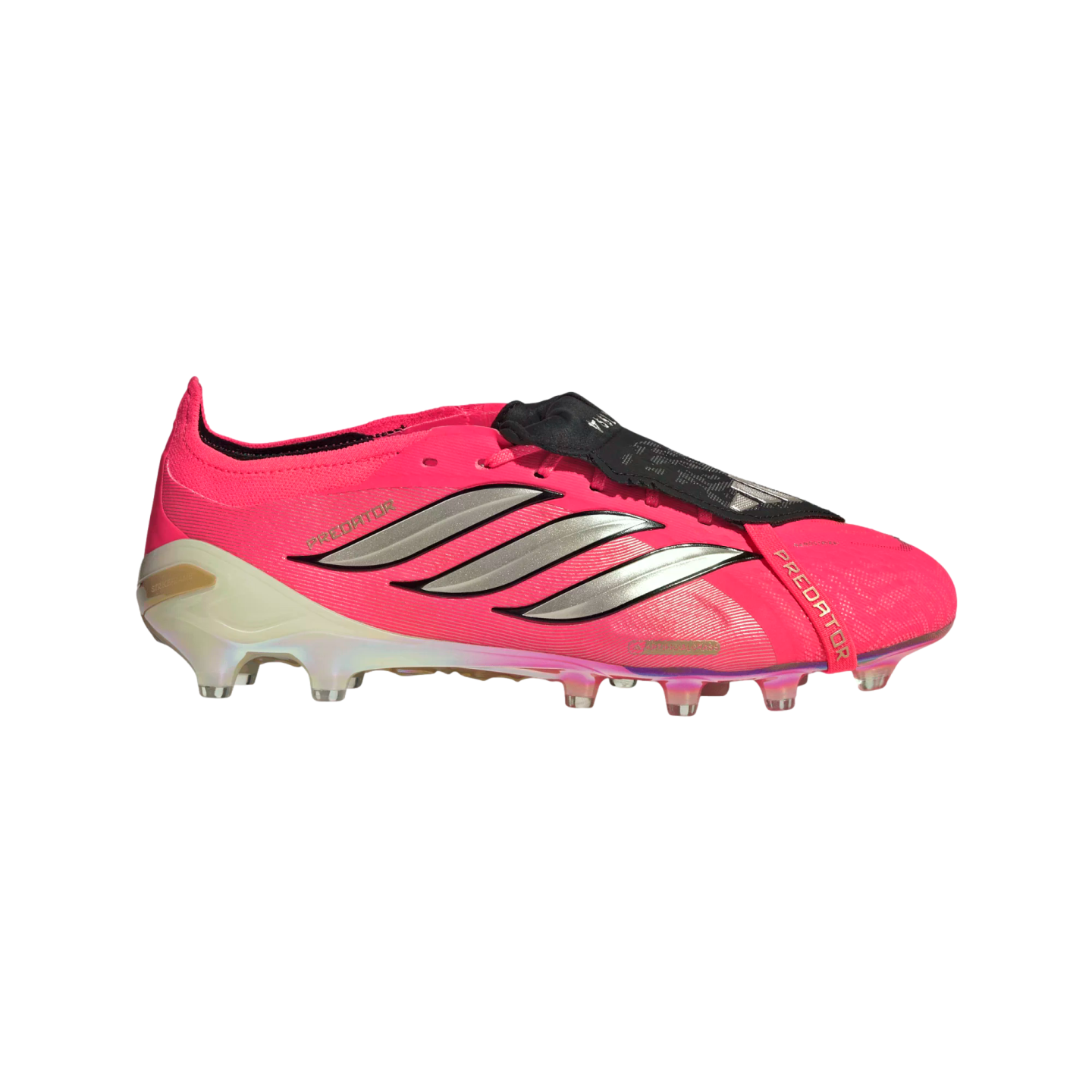 Side view of a pink Adidas Predator soccer cleat with silver stripes, a black fold-over tongue, and iridescent studs on a white background.