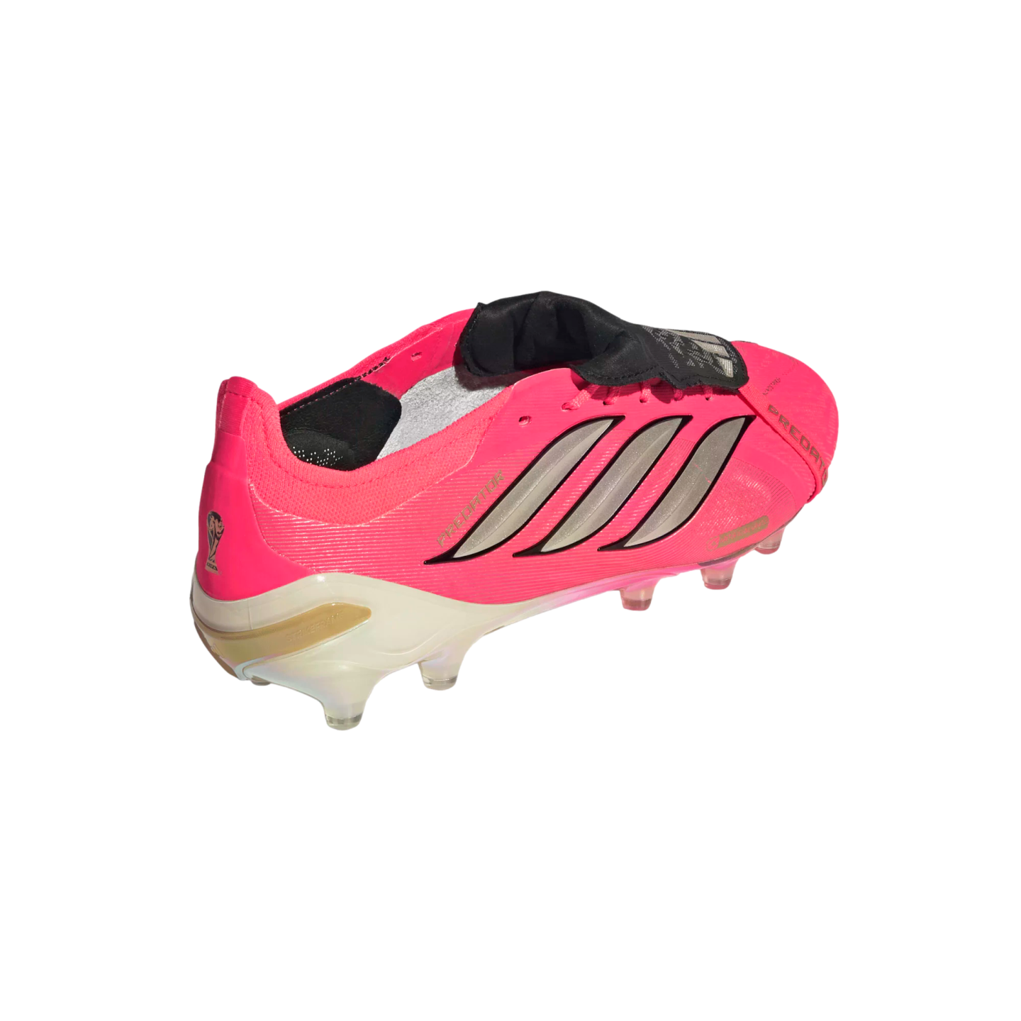 A pink Adidas Predator soccer cleat featuring silver stripes, a black tongue, and a white sole with gold accents, set against a plain white background.