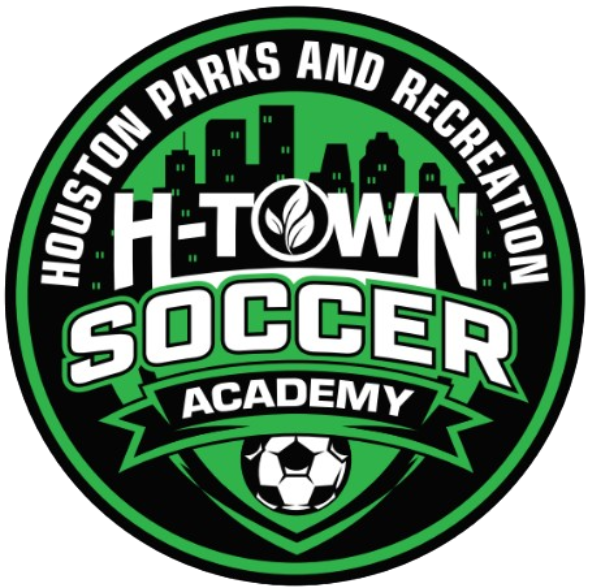Circular green and black logo for Houston Parks and Recreation's H-Town Soccer Academy, featuring a city skyline, bold text, and a soccer ball at the bottom.
