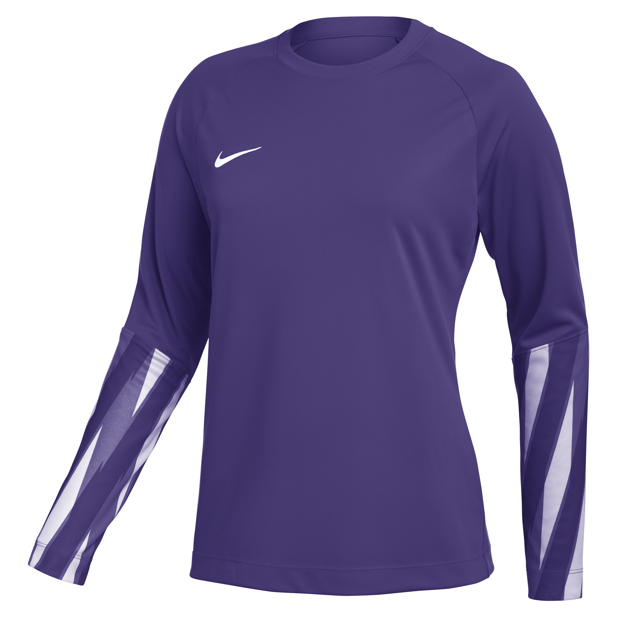 Purple long-sleeve Nike athletic shirt with a white swoosh on the chest and diagonal striped patterns on the lower sleeves.