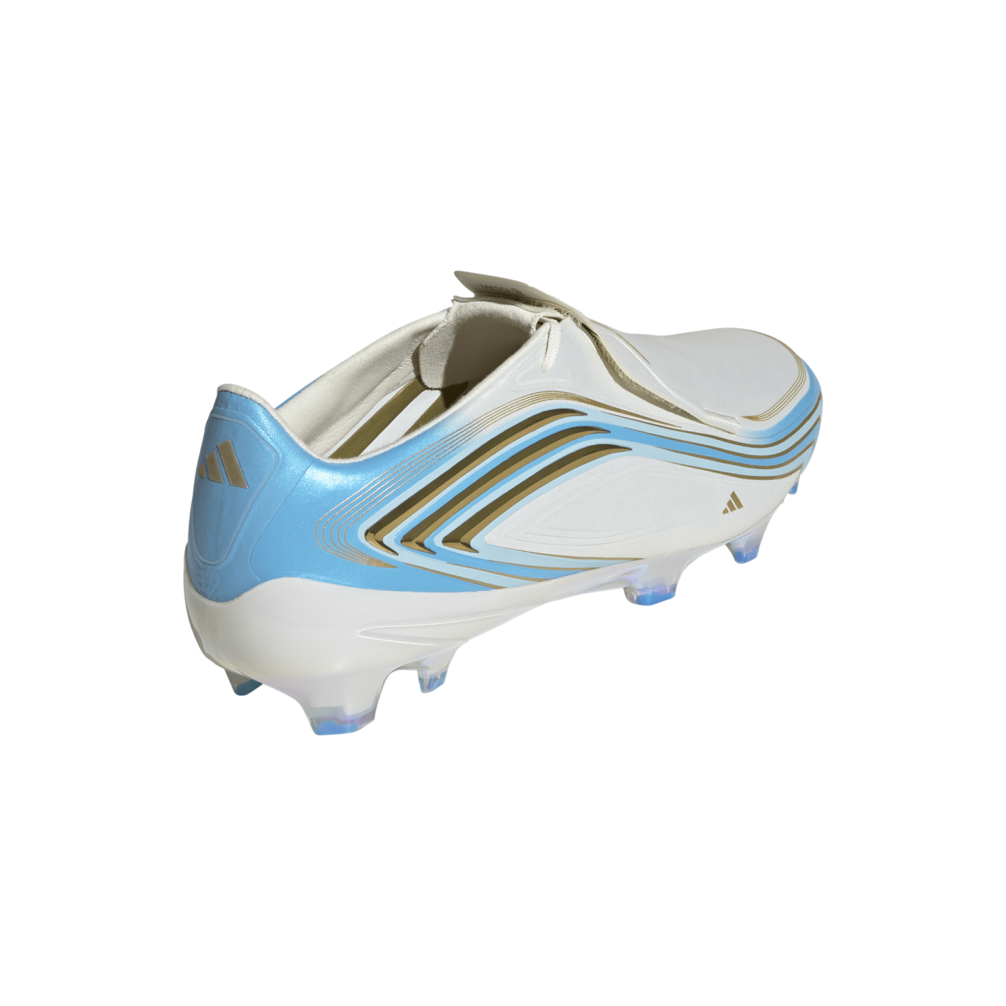 A white Adidas soccer boot with light blue and gold curved stripe accents and a lace cover, shown from a rear-side angle.