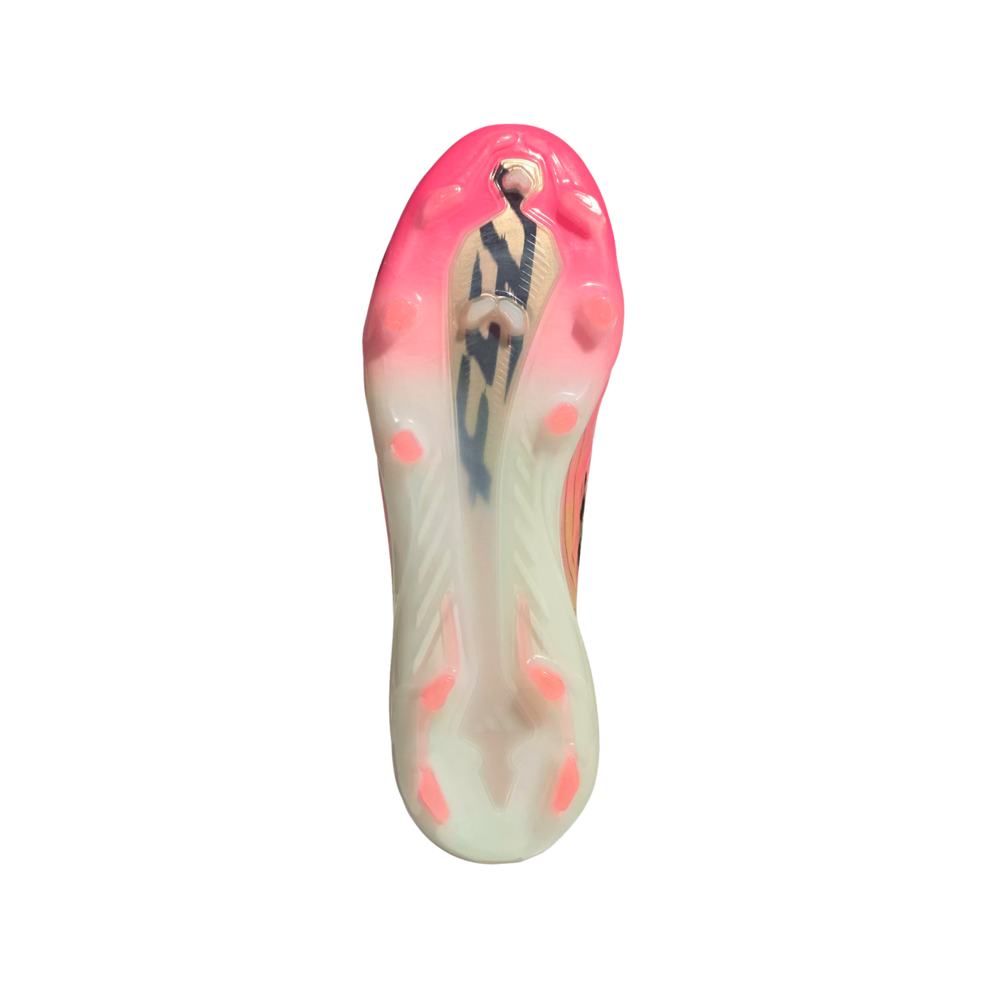 Soleplate of a pink and white soccer cleat with pink studs and a translucent heel, centered on a white background.
