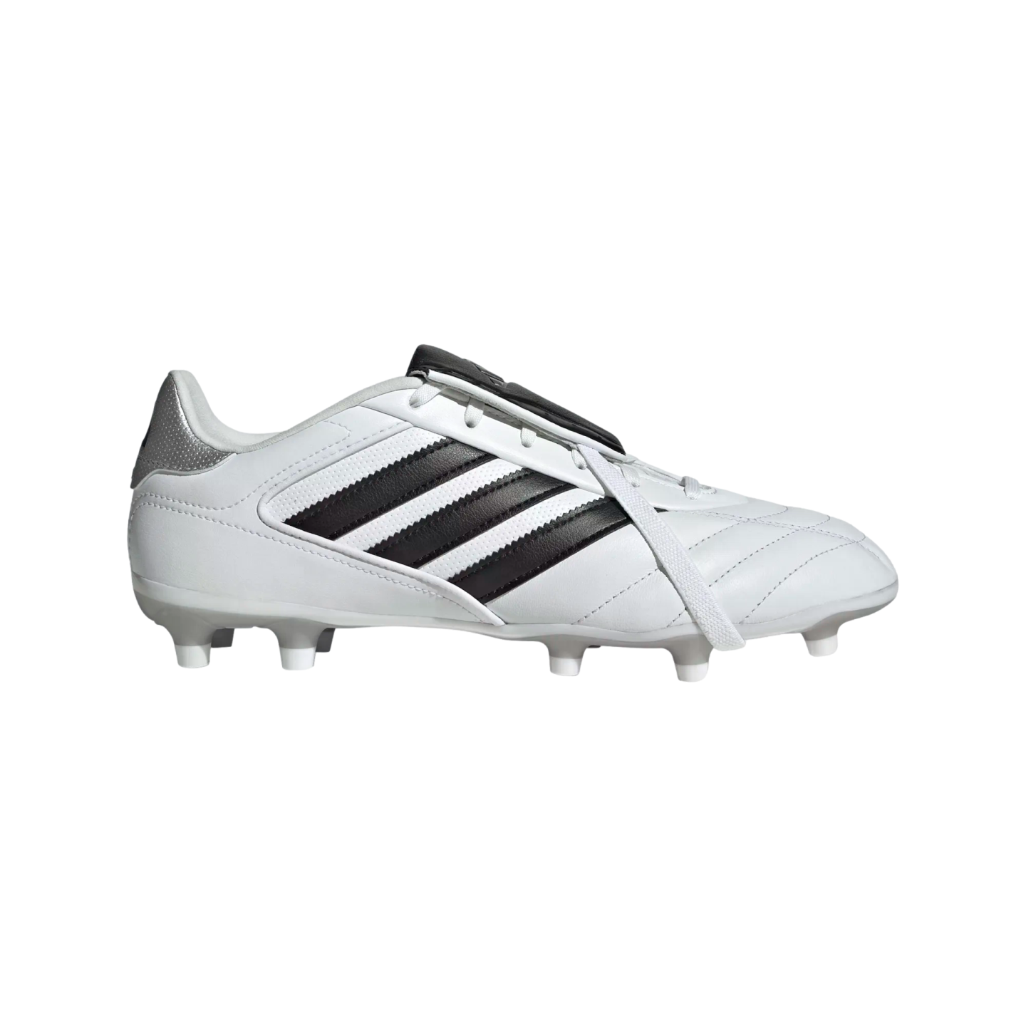 Side profile of a white Adidas soccer cleat with three diagonal black stripes, a silver heel tab, and white studs on a black background.