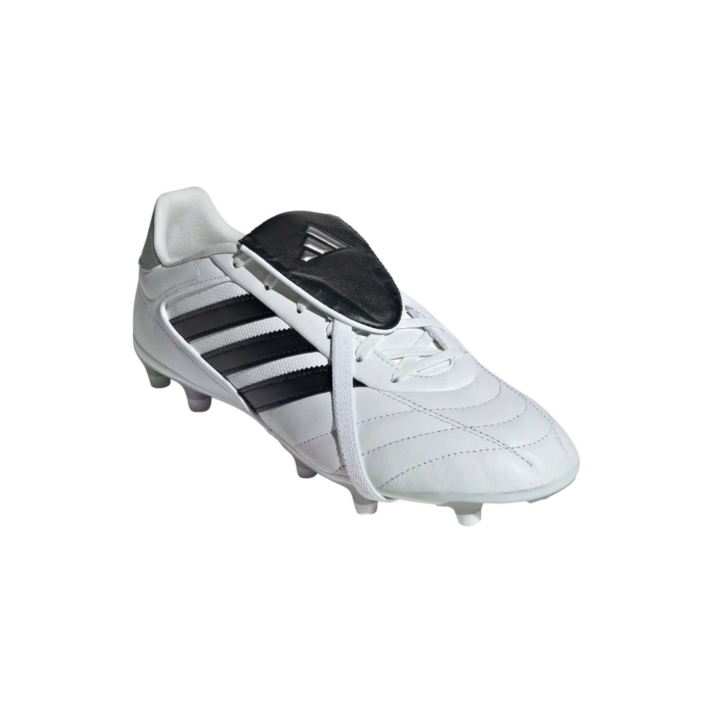 White Adidas soccer cleat with three black stripes and a black fold-over tongue against a black background.
