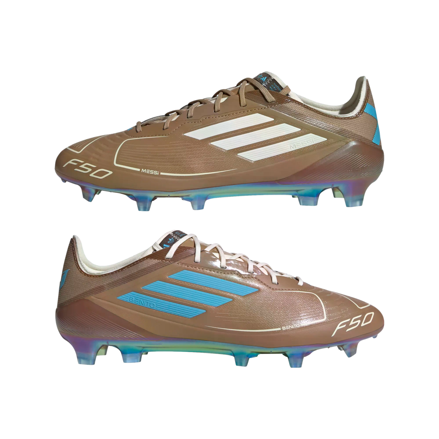 (ADID-IH7336) Chaussures de football à crampons pour terrain sec Adidas F50 Messi Elite Leo x Bad Bunny [CARDBO, CREWHT, BRCYAN] (Lancement le 10/10/24)