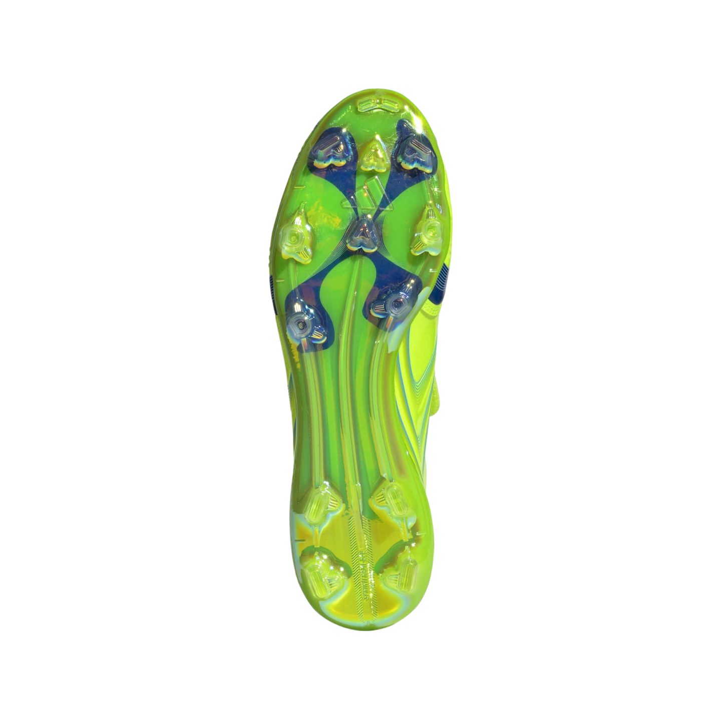 Bottom view of an iridescent lime green Adidas soccer cleat outsole featuring a dark blue X-pattern and triangular studs against a black background.
